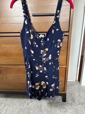 Hollister Navy Floral Romper with Pink and Yellow Blossoms
